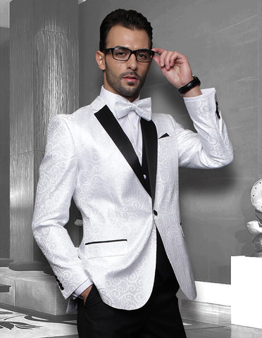 Mens Vested Swirl Patter Notch Lapel Tuxedo in White