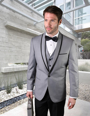 Mens Vested Wool Tuxedo in Shawl Lapel with Satin Trim in Grey & Black