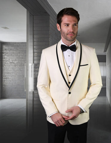 Mens Vested Wool Tuxedo in Shawl Lapel with Satin Trim in Ivory & Black