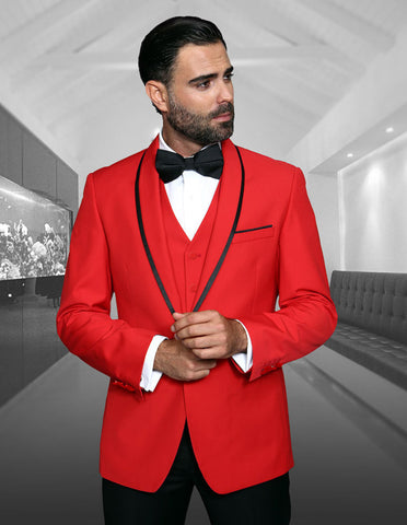 Mens Vested Wool Tuxedo in Shawl Lapel with Satin Trim in Red & Black