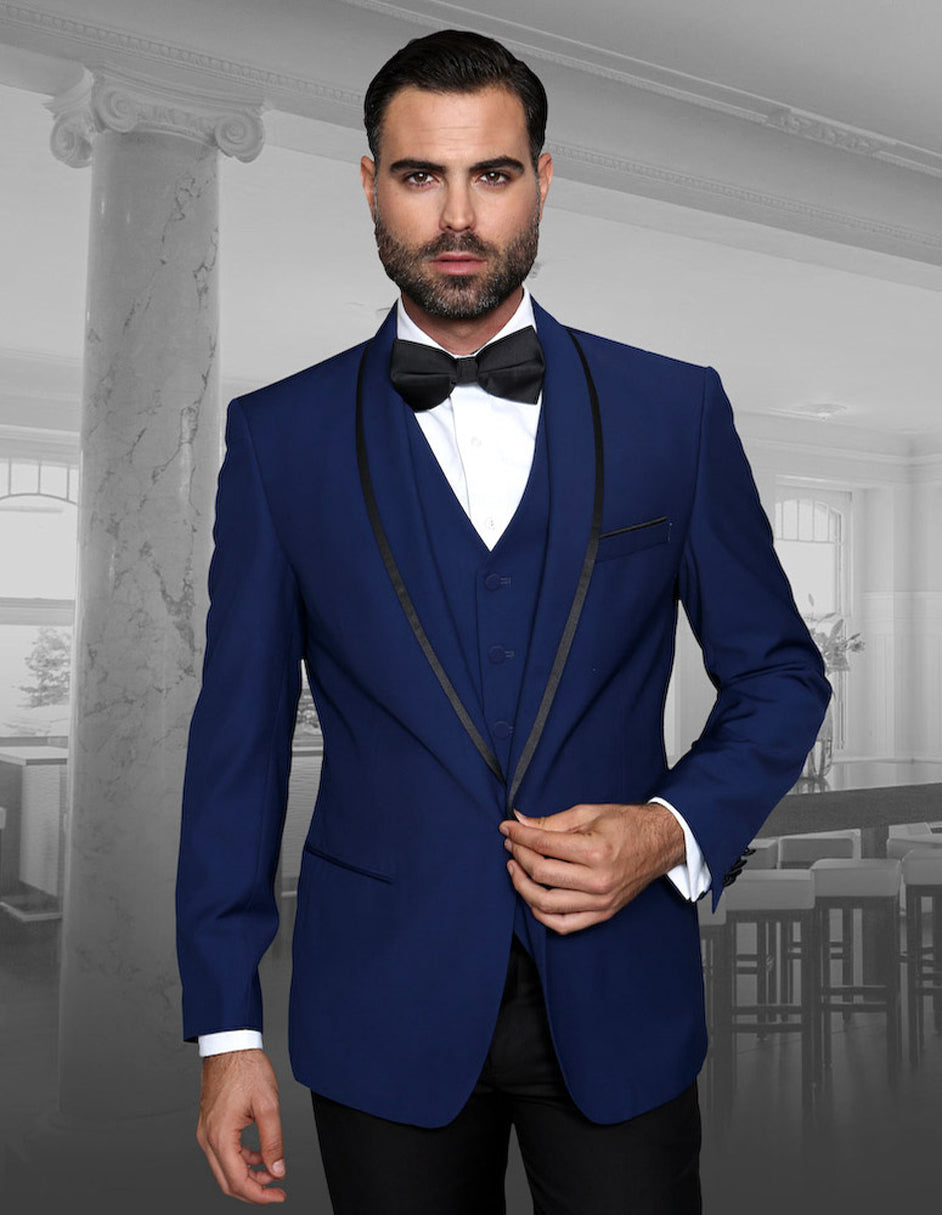 Mens Vested Wool Tuxedo in Shawl Lapel with Satin Trim in Sapphire Blu