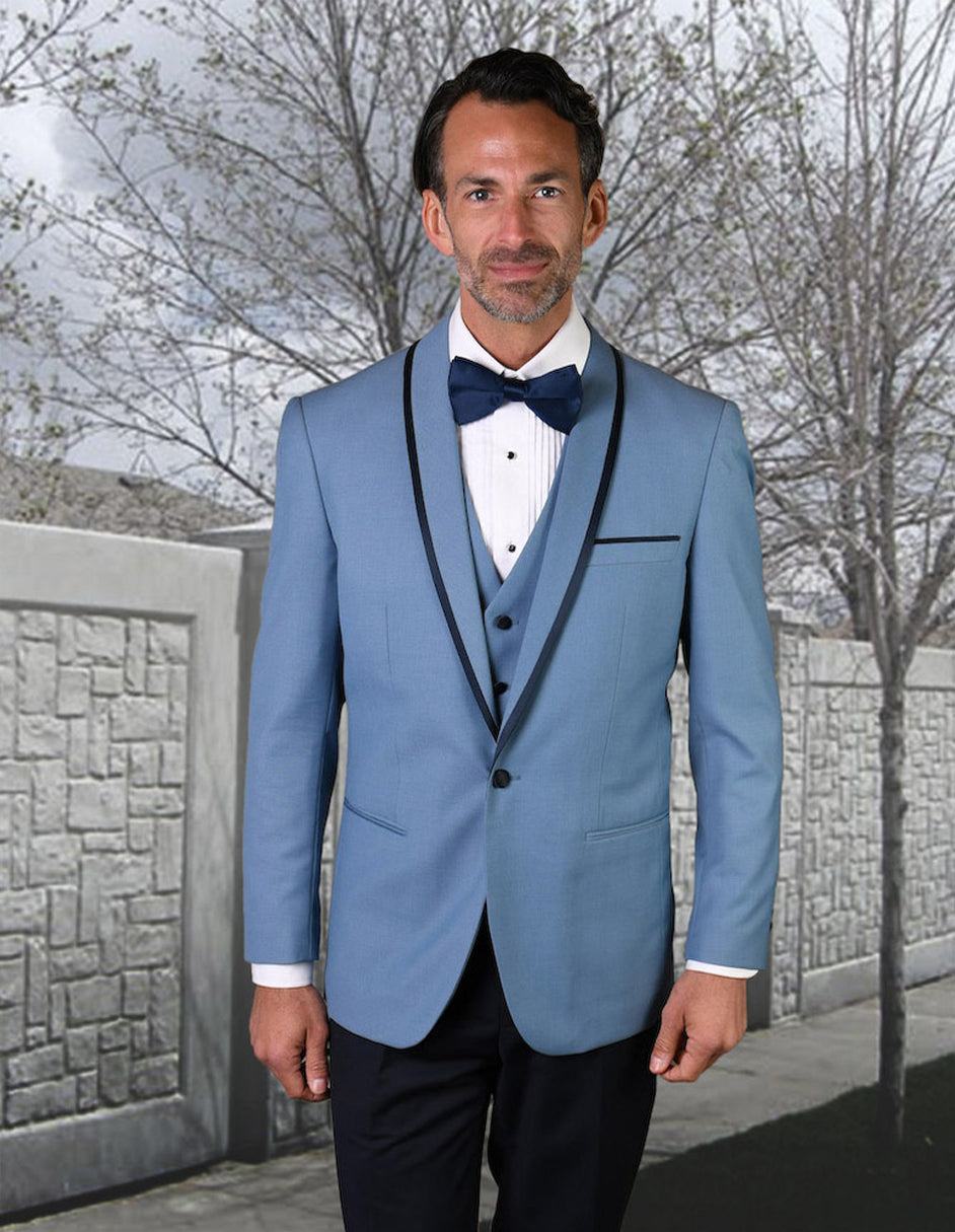 Mens Vested Wool Tuxedo in Shawl Lapel with Satin Trim in Steel Blue & Black