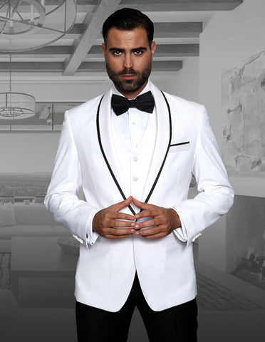 Mens Vested Wool Tuxedo in Shawl Lapel with Satin Trim in White & Black