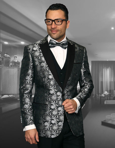Mens Vested One Button Peak Lapel Shiny Floral Tuxedo in Red