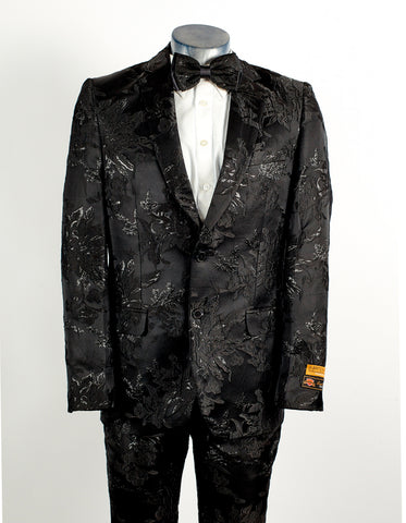 Mens 2 Button Black Shiny Floral Paisley Prom and Wedding Tuxedo