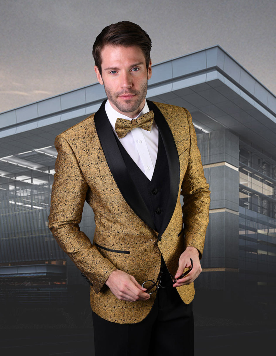 Mens Vested Lace Pattern Tuxedo in Gold