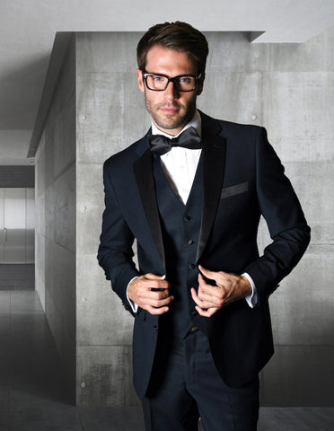 Mens Classic Modern Fit 2 Button Vested Wool Tuxedo in Navy Blue