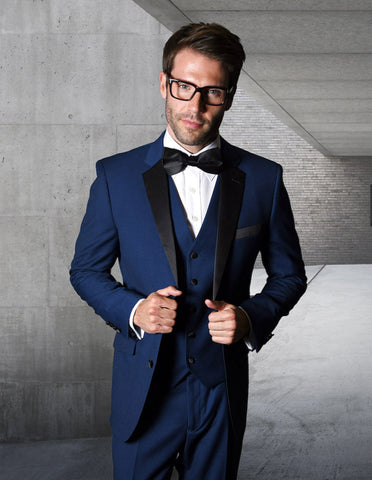 Mens Classic Modern Fit 2 Button Vested Wool Tuxedo in Sapphire Blue
