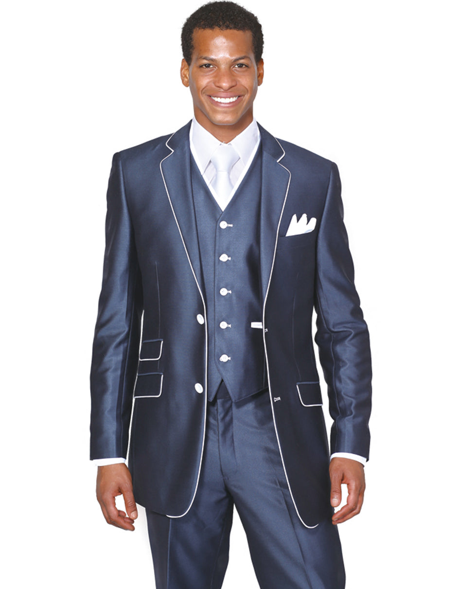 Mens 2 Button Vested Trim Tuxedo in Navy Blue