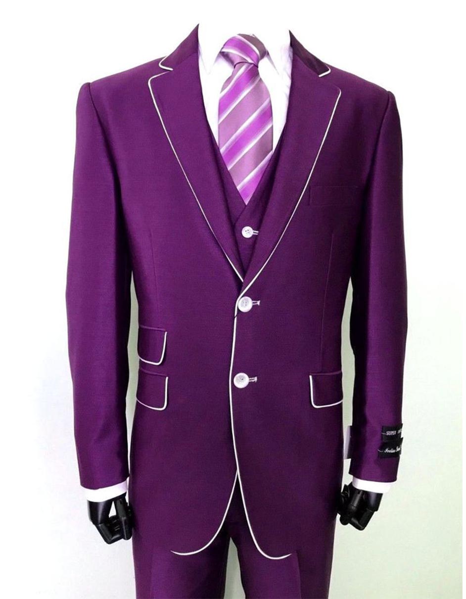 Mens 2 Button Vested Trim Tuxedo in Purple