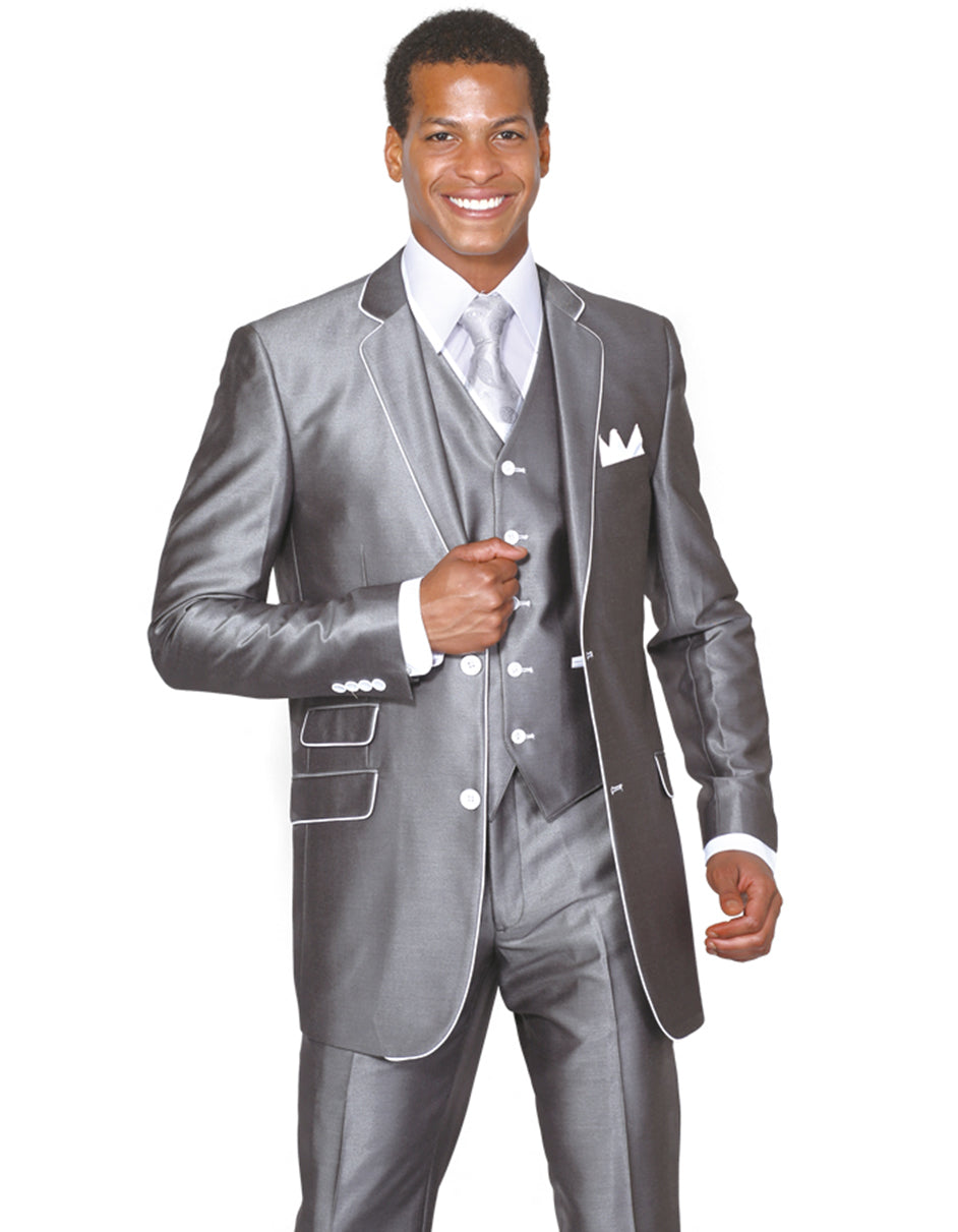 Mens 2 Button Vested Trim Tuxedo in Silver Grey