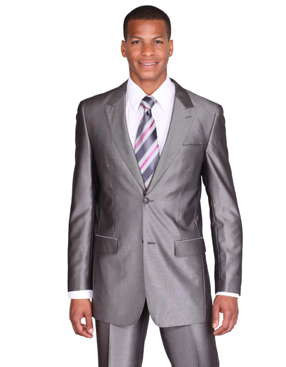 Mens 2 Button Peak Lapel Shiny Sharkskin Suit in Grey