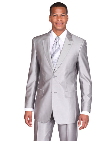 Mens 2 Button Peak Lapel Shiny Sharkskin Suit in Silver Grey