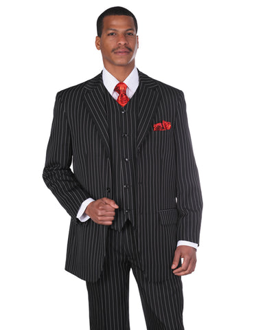 Mens 3 Button Notch Lapel Bold Pinstripe Gangster Suit in Black