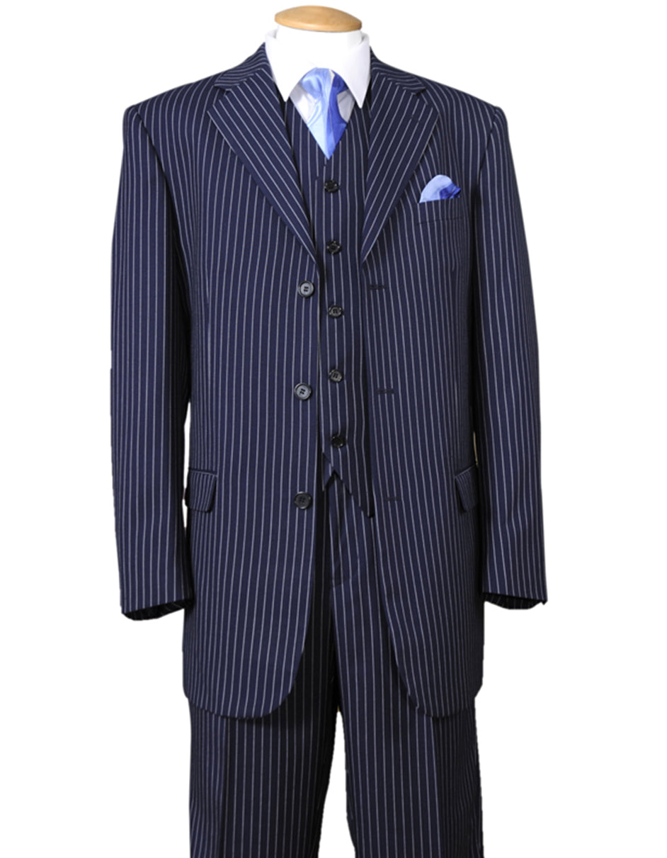 Mens 3 Button Notch Lapel Bold Pinstripe Gangster Suit in Navy Blue
