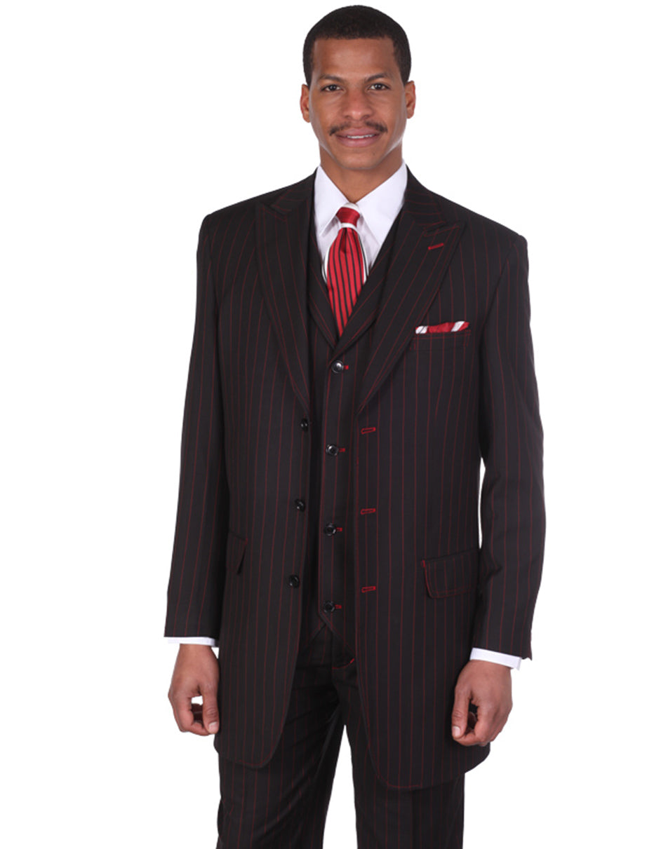 Mens 3 Button Peak Lapel Bold Pinstripe Gangster Suit in Black & Red