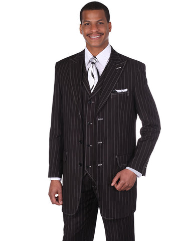 Mens 3 Button Peak Lapel Bold Pinstripe Gangster Suit in Black & White