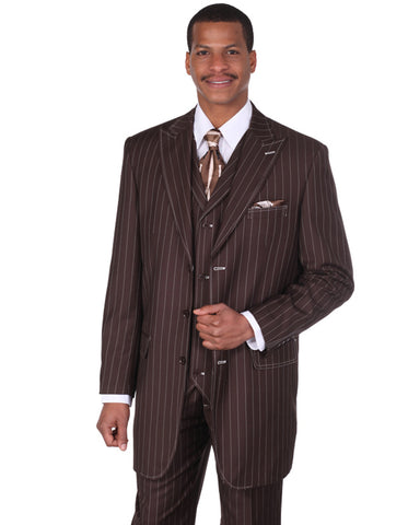 Mens 3 Button Peak Lapel Bold Pinstripe Gangster Suit in Brown
