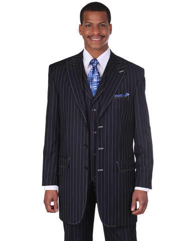 Mens 3 Button Peak Lapel Bold Pinstripe Gangster Suit in Navy Blue