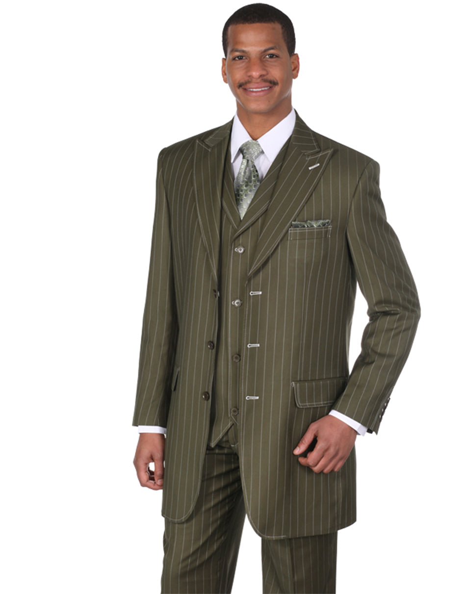 Mens 3 Button Peak Lapel Bold Pinstripe Gangster Suit in Olive
