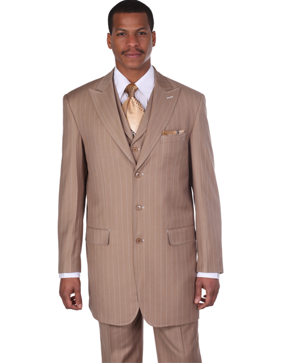 Mens 3 Button Peak Lapel Bold Pinstripe Gangster Suit in Tan