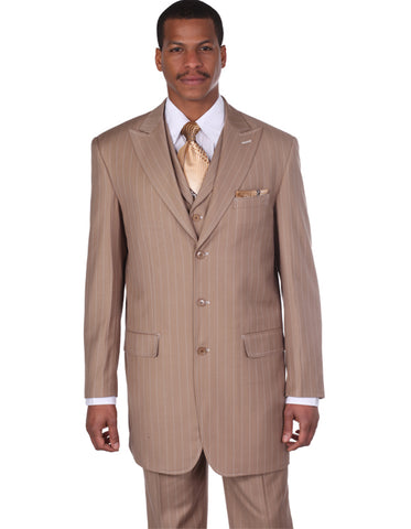 Mens 3 Button Peak Lapel Bold Pinstripe Gangster Suit in Tan