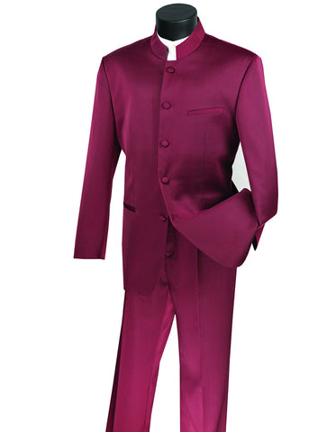Mens 5 Button Mandarin Collar Tuxedo Suit in Burgundy