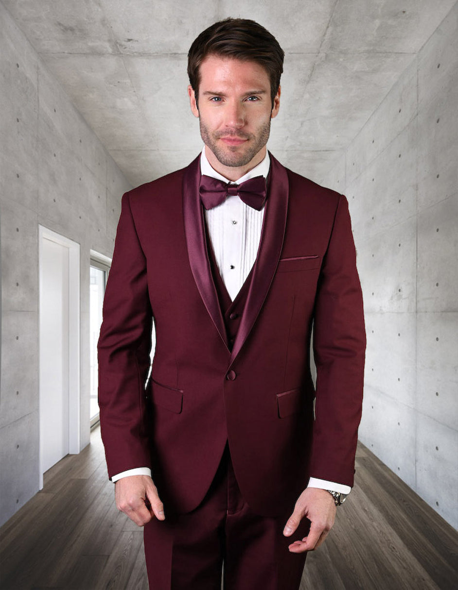 Mens Wool One Button Modern Fit Vested Shawl Prom Tuxedo in Burgundy