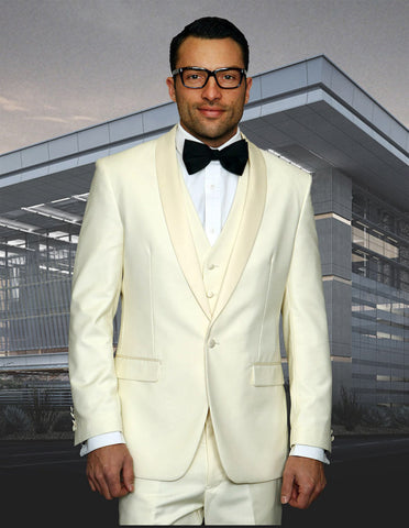 Mens Wool One Button Modern Fit Vested Shawl Prom Tuxedo in Ivory