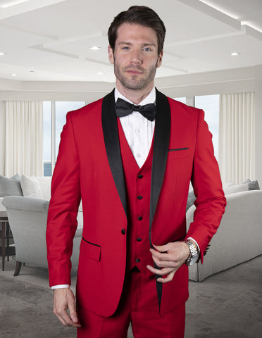 Mens Wool One Button Modern Fit Vested Shawl Prom Tuxedo in Red
