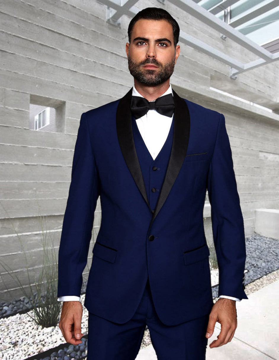 Mens Wool One Button Modern Fit Vested Shawl Prom Tuxedo in Sapphire Blue