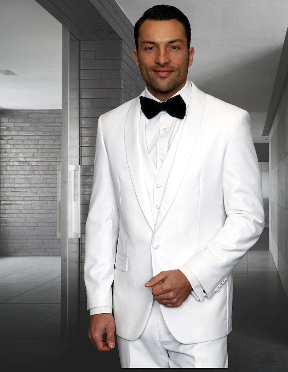 Mens Wool One Button Modern Fit Vested Shawl Prom Tuxedo in White