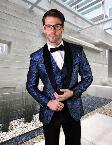 Mens Vested One Button Geometric Print Prom Tuxedo in Royal Blue