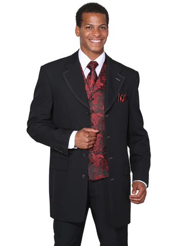 Mens 4 Button Wide Notch Lapel Fashion Zoot Suit in Black & Red