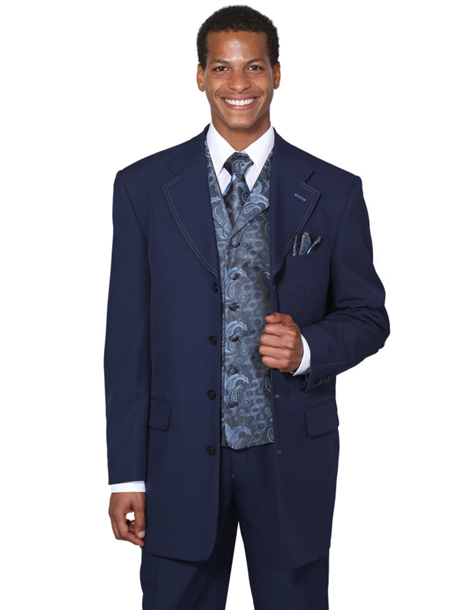 Mens 4 Button Wide Notch Lapel Fashion Zoot Suit in Navy