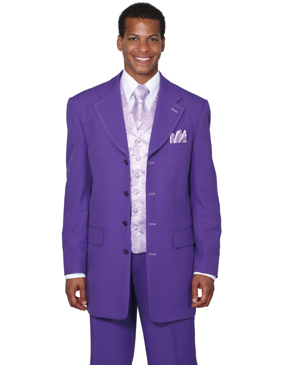 Mens 4 Button Wide Notch Lapel Fashion Zoot Suit in Purple
