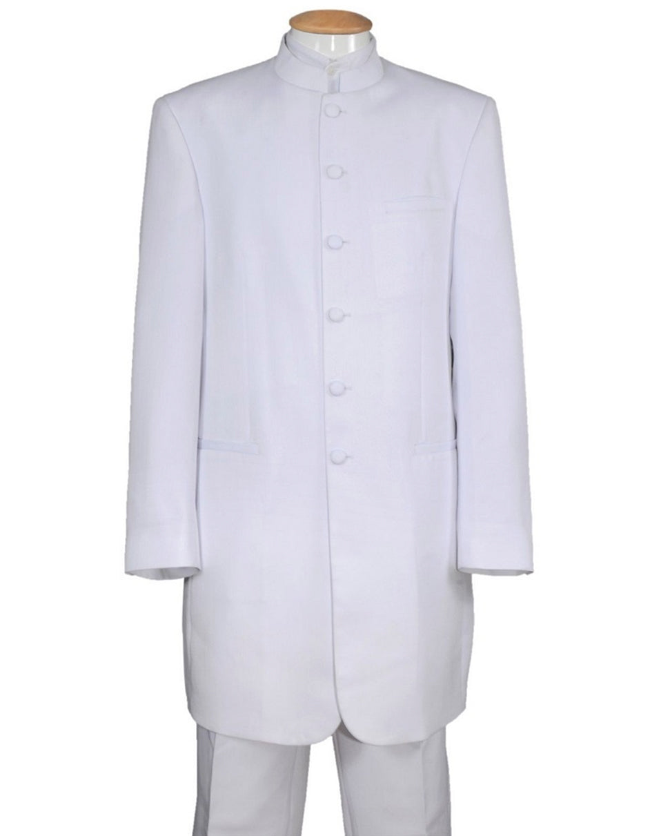 Mens 6 Button Long Style Mandarin Collar tuxedo in White