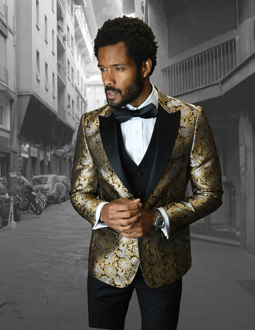 Mens Vested One Button Peak Lapel Shiny Floral Tuxedo in Gold