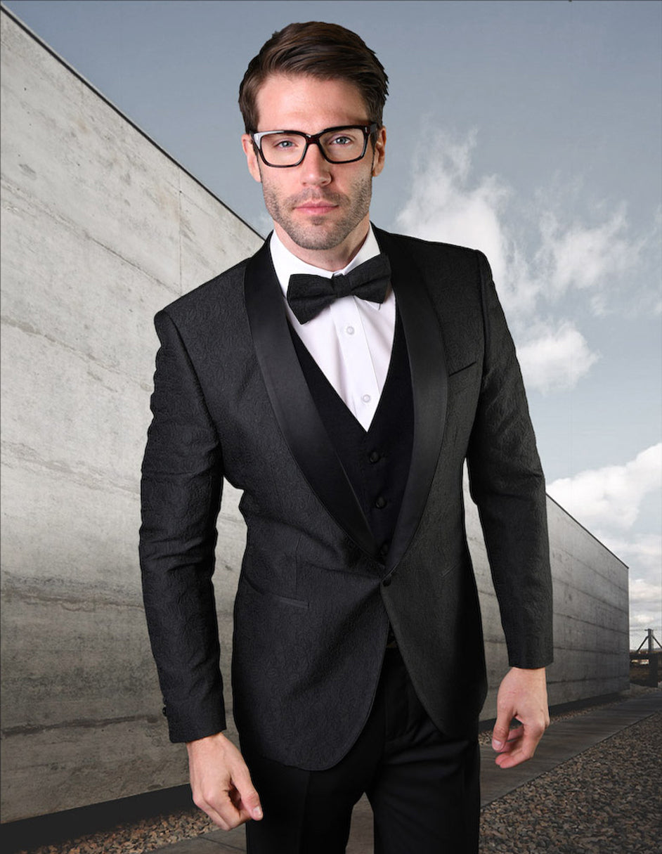 Mens Vested Lace Pattern Tuxedo in Black