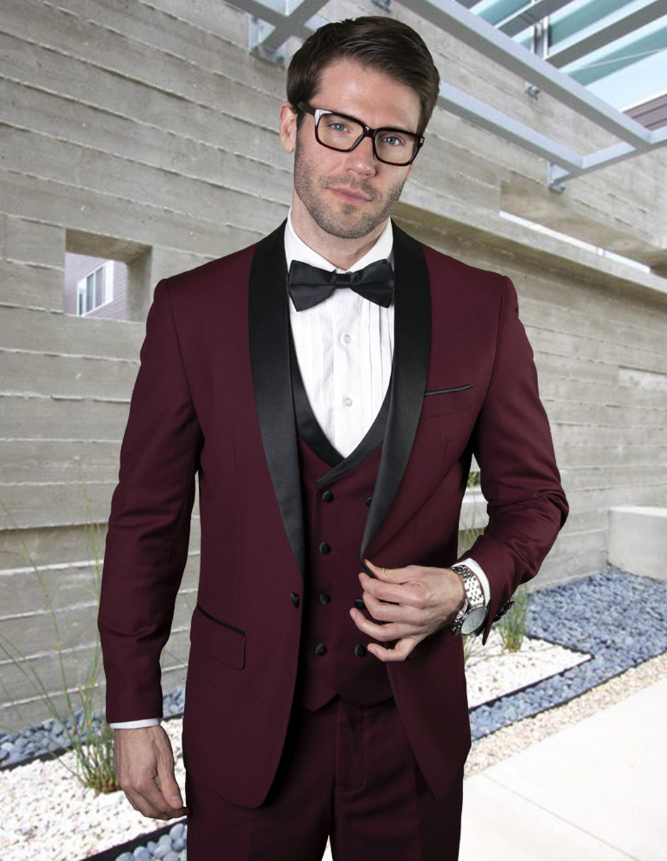 Mens Wool One Button Shawl Tuxedo with Double Breasted Vest in Burgundy