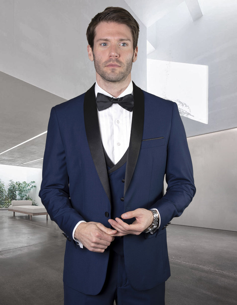 Mens Wool One Button Shawl Tuxedo with Double Breasted Vest in Sapphire Blue