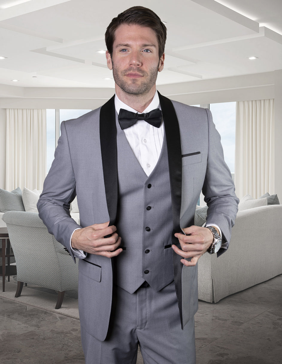 Mens Wool One Button Modern Fit Vested Shawl Tuxedo in Grey & Black