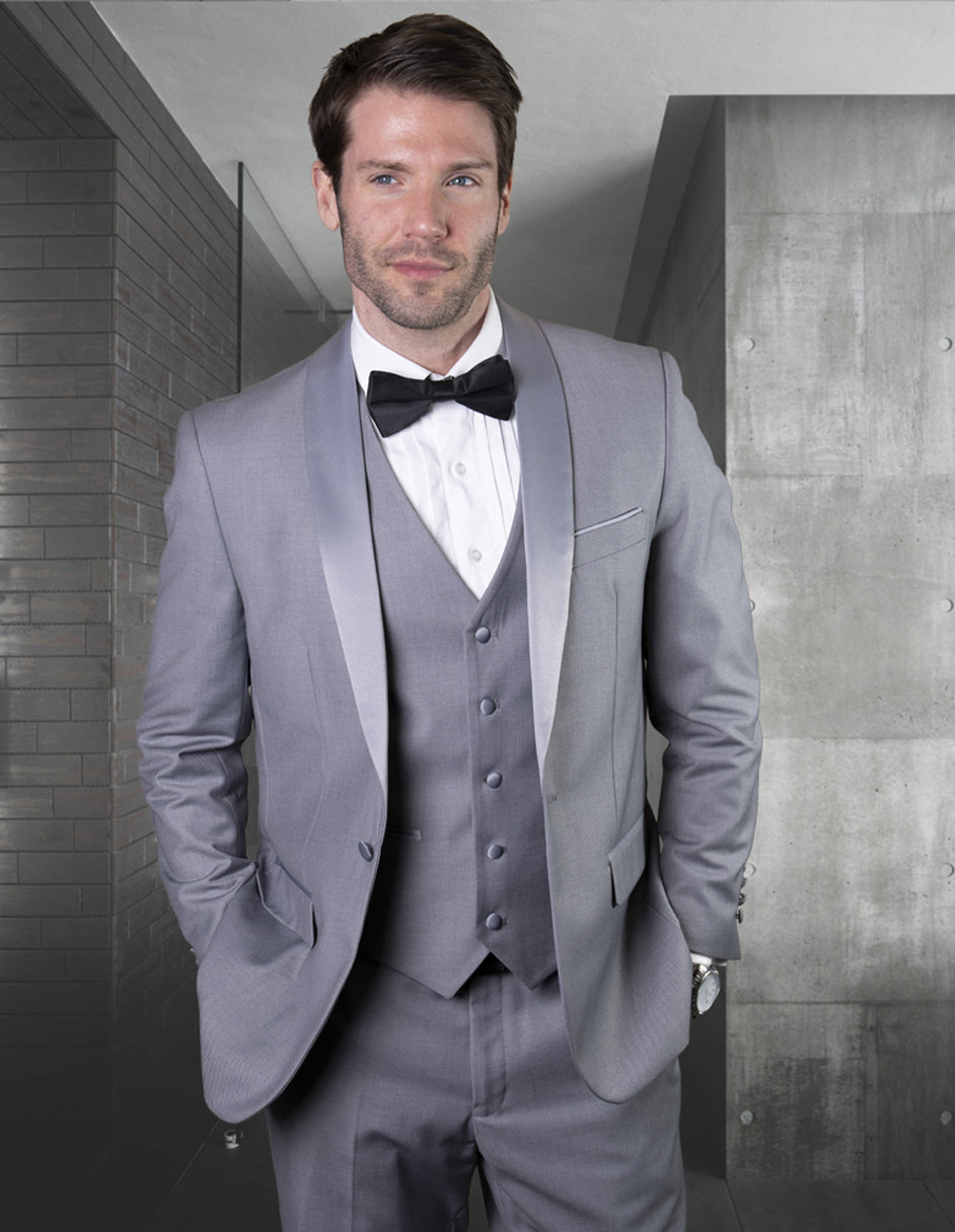 Mens Wool One Button Modern Fit Vested Shawl Tuxedo in Grey