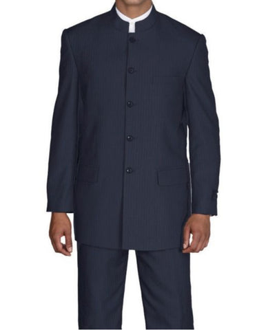 Mens 5 Button Mandarin Collar Suit in Navy Pinstripe