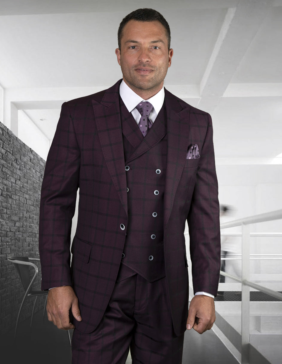 Mens Classic Fit One Button Peak Lapel Suit with Double Breasted Vest in Burgundy Plaid