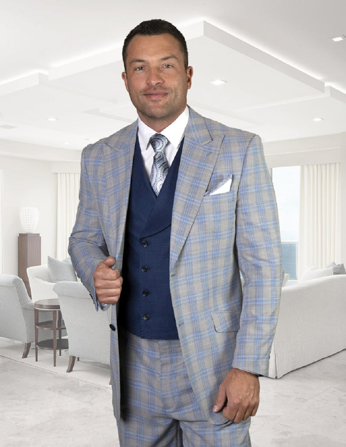 Statement Men's 3 Piece 100% Wool Powder Blue Suit - Double Breasted Vest
