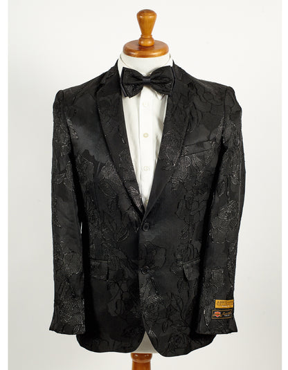 Mens 2 Button Shiny Black on Black Floral Paisley Prom & Wedding Blazer - Men's Tuxedo USA