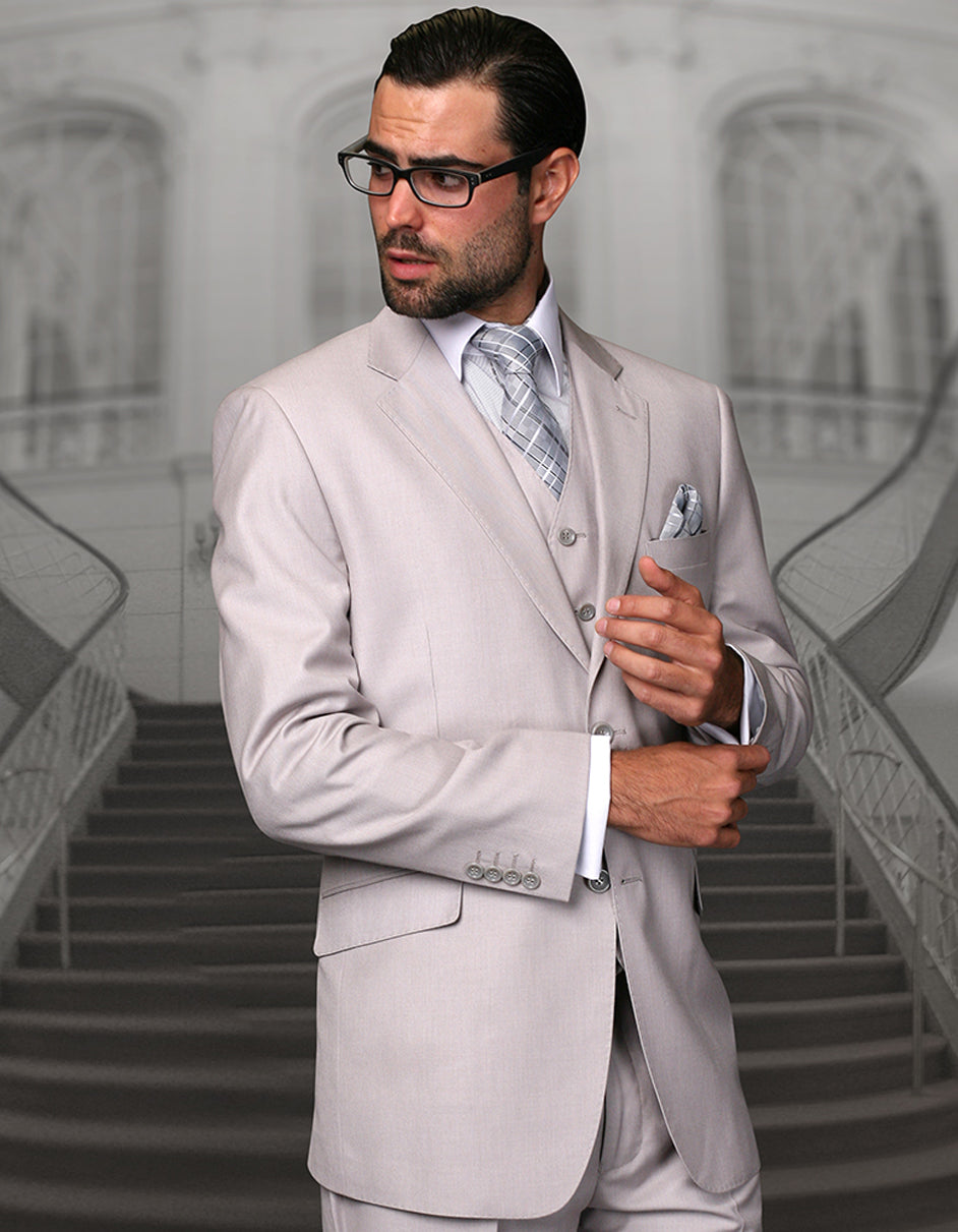 Mens 2 Button Modern Fit Vested Wool Suit in Ash Grey