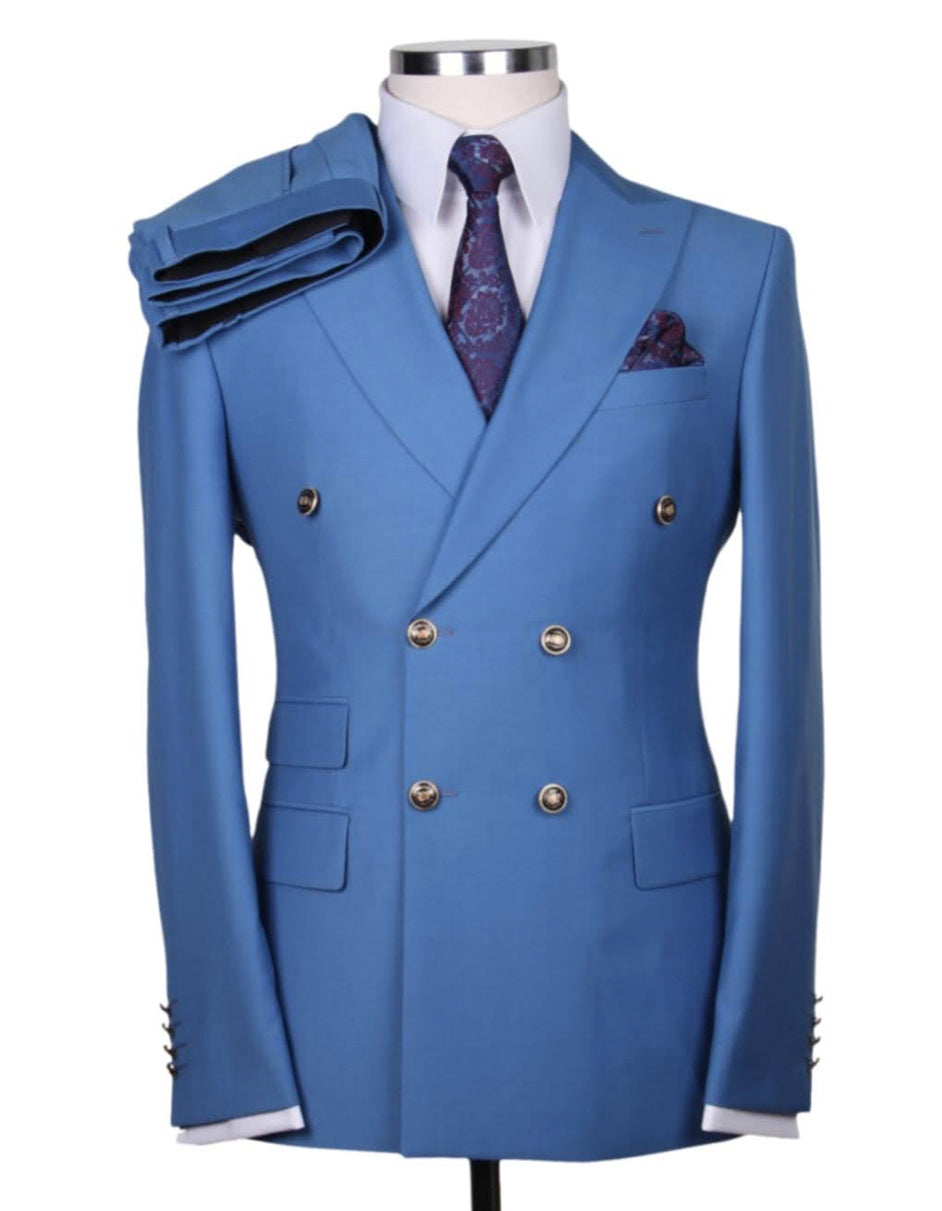 Mens Designer Modern Fit Double Breasted Wool Suit with Gold Buttons in Sky Blue