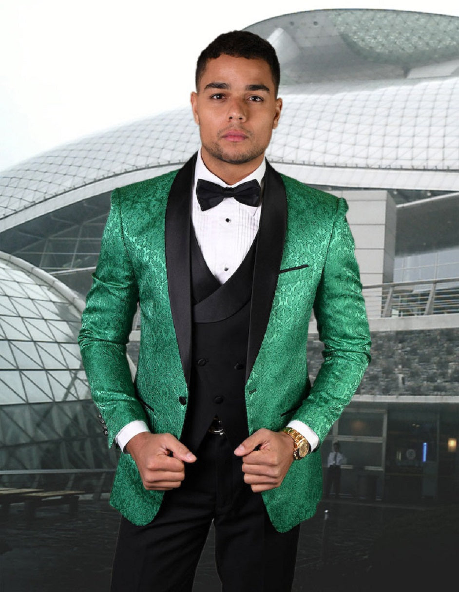 Mens Vested Shawl Lapel Paisley Tuxedo in Emerald Green - Men's Tuxedo USA